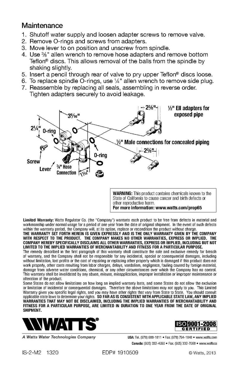 Watts 2 Series 1/2" Duo-Cloz Brass Manual Washing Machine Shutoff Valve, Brass Ball Valves with PTFE Seats, 1/2" Copper Dual Ell Adapters for Solder or Compression, Maximum Pressure 150 psi - Image 4